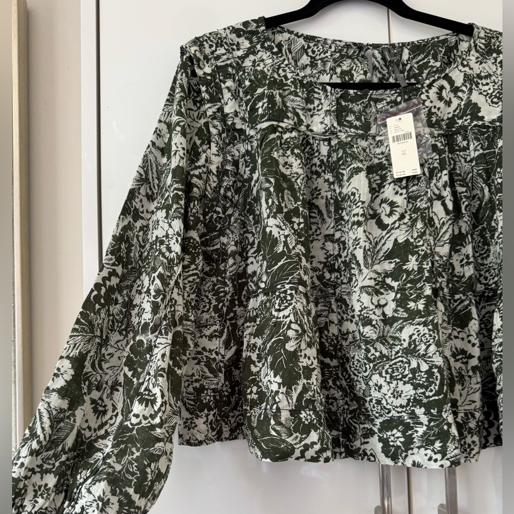 NWT Size XL - Anthropologie 100% Cotton Green Floral Swing Blouse